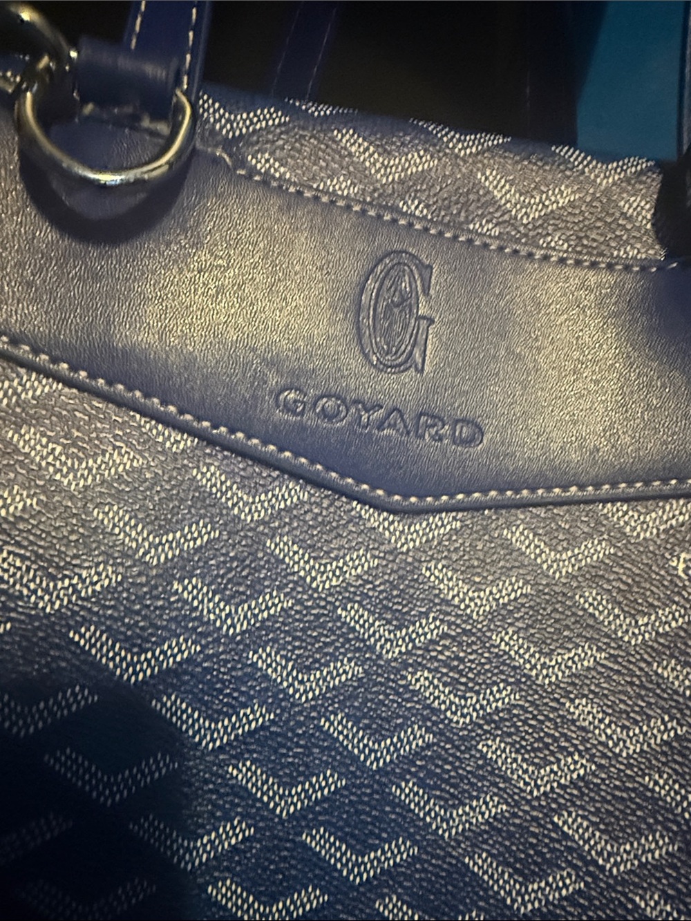 Goyard Navy Chevron Pattern Leather-Trim Tote